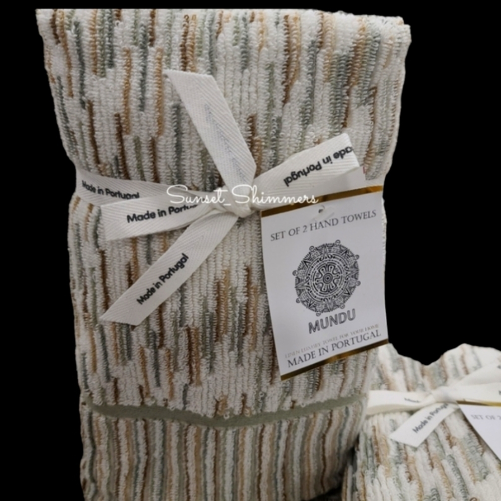 2 Piece Made in Portugal Hand Towel Set Tan Sea Foam Green Ombre Striped New